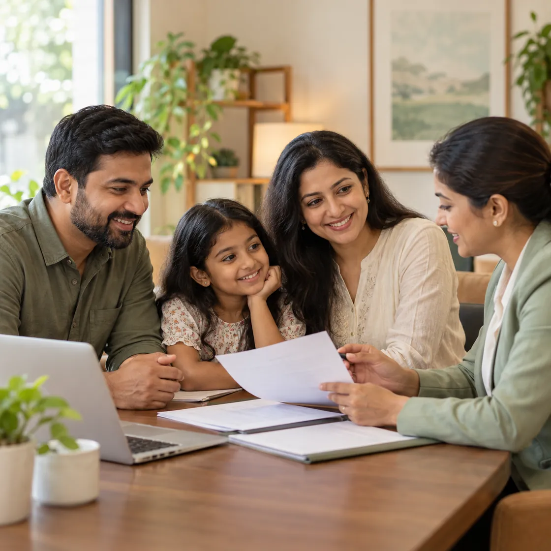 A family discussing health coverage with an insurance adviser